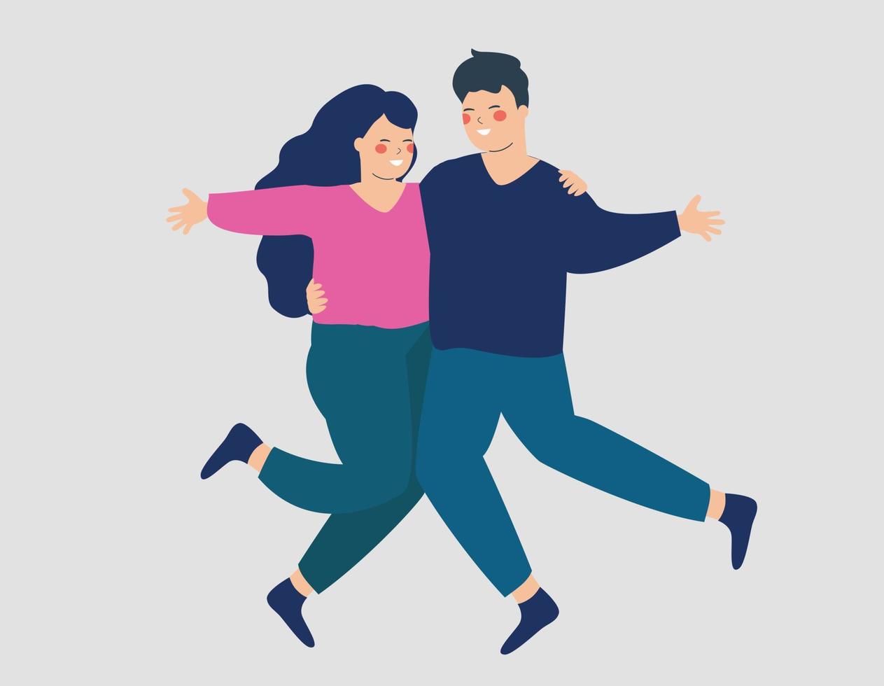 una pareja feliz se abraza o se abraza con amor y cuidado. mujer joven y hombre saltando y bailando juntos. éxito, bienestar de la salud mental, estilo de vida saludable y concepto de amistad. material vectorial vector