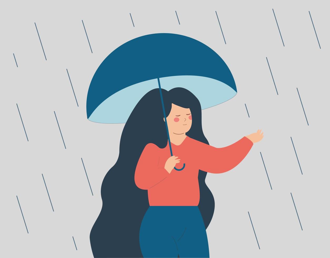 Woman experiences anxiety and intends to step out of her comfort zone. Young teenage girl protects herself from the rain and looks hesitant or worried. Concept of decision making and difficult choice. vector