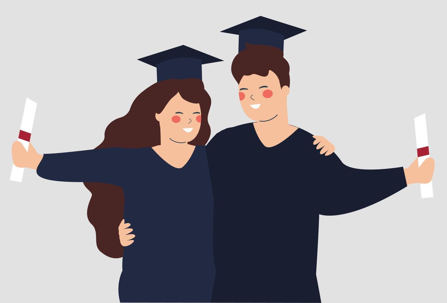 Graduated students wearing the academic gown and holding their diplomas. Happy girl and boy celebrating graduation with their university uniform. Concept of Master's, bachelor's or doctoral graduation vector