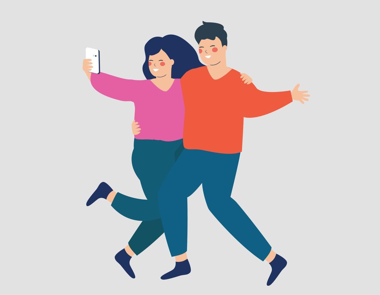 Young woman hugs her man for taking a selfie. Happy couple embrace each other and have a video call. Concept of mobile usability, friendship and technology. Vector stock