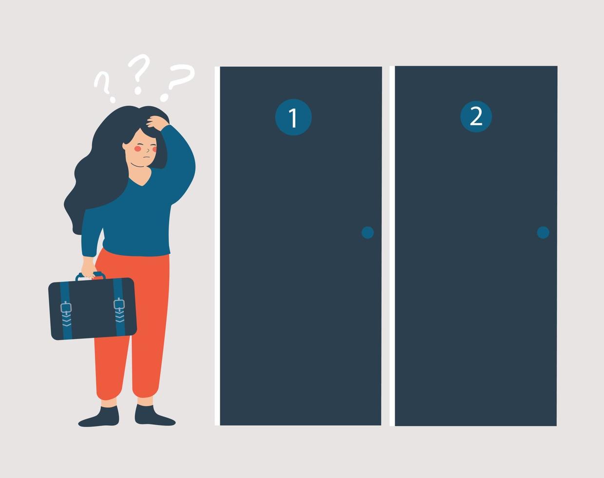 Unemployed woman chooses her career path in from of two closed doors. Businesswoman holds a briefcase and tries to find the right business opportunity. Professional decision and employment Concept vector