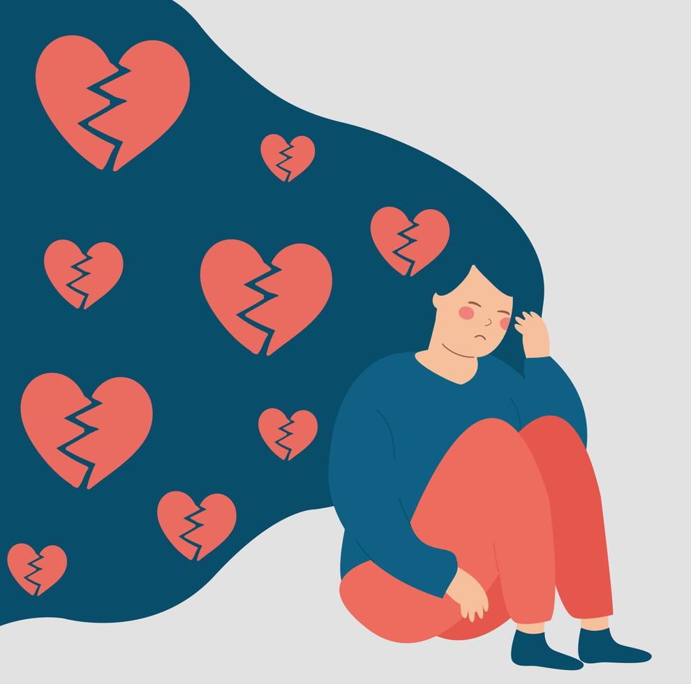 Sad woman with broken heart with gloomy thoughts. Teenage Girl has problems in relationship with love heartache. Young female feeling upset because of break up with lover. Heartbroken concept. vector