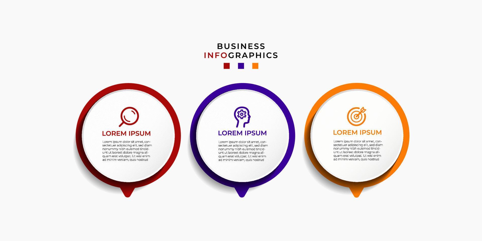 Infografía moderna de 3 pasos, opciones o niveles con etiqueta. gráfico de información de línea de tiempo. presentación de negocios, folleto de información, banner, plantilla de diseño de flujo de trabajo. ilustración vectorial eps10 vector