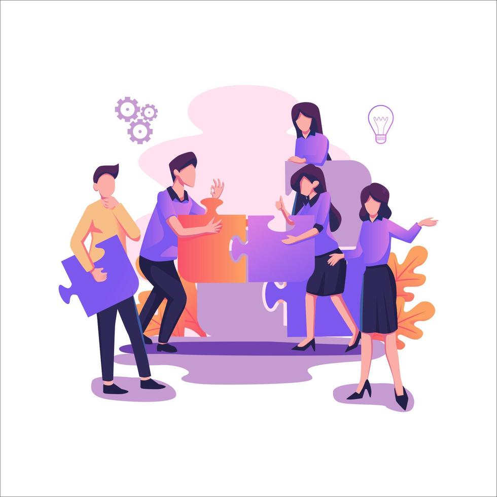 People connecting puzzle elements flat style illustration design vector