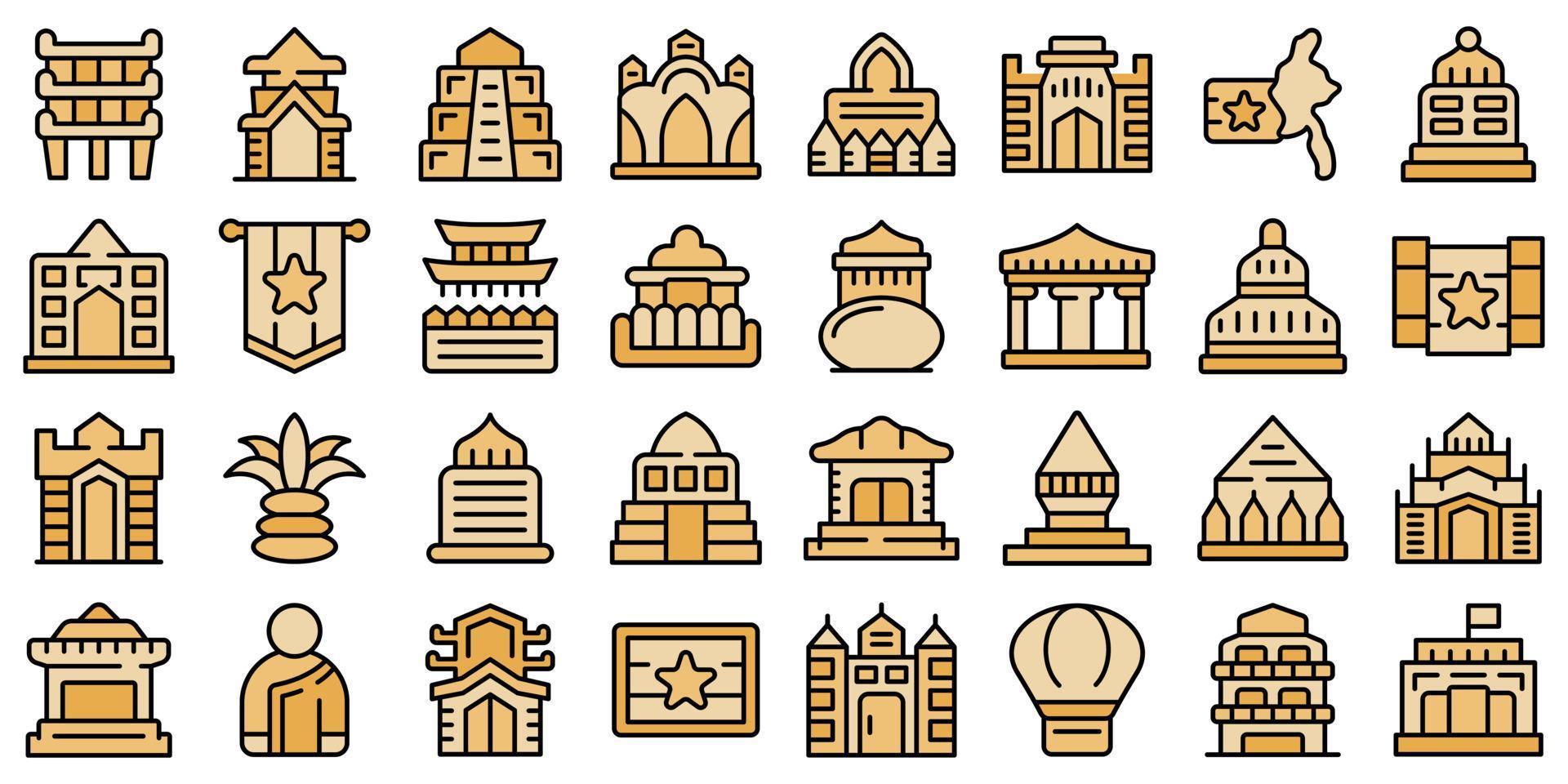 Myanmar icons set outline vector. Burma yangon vector