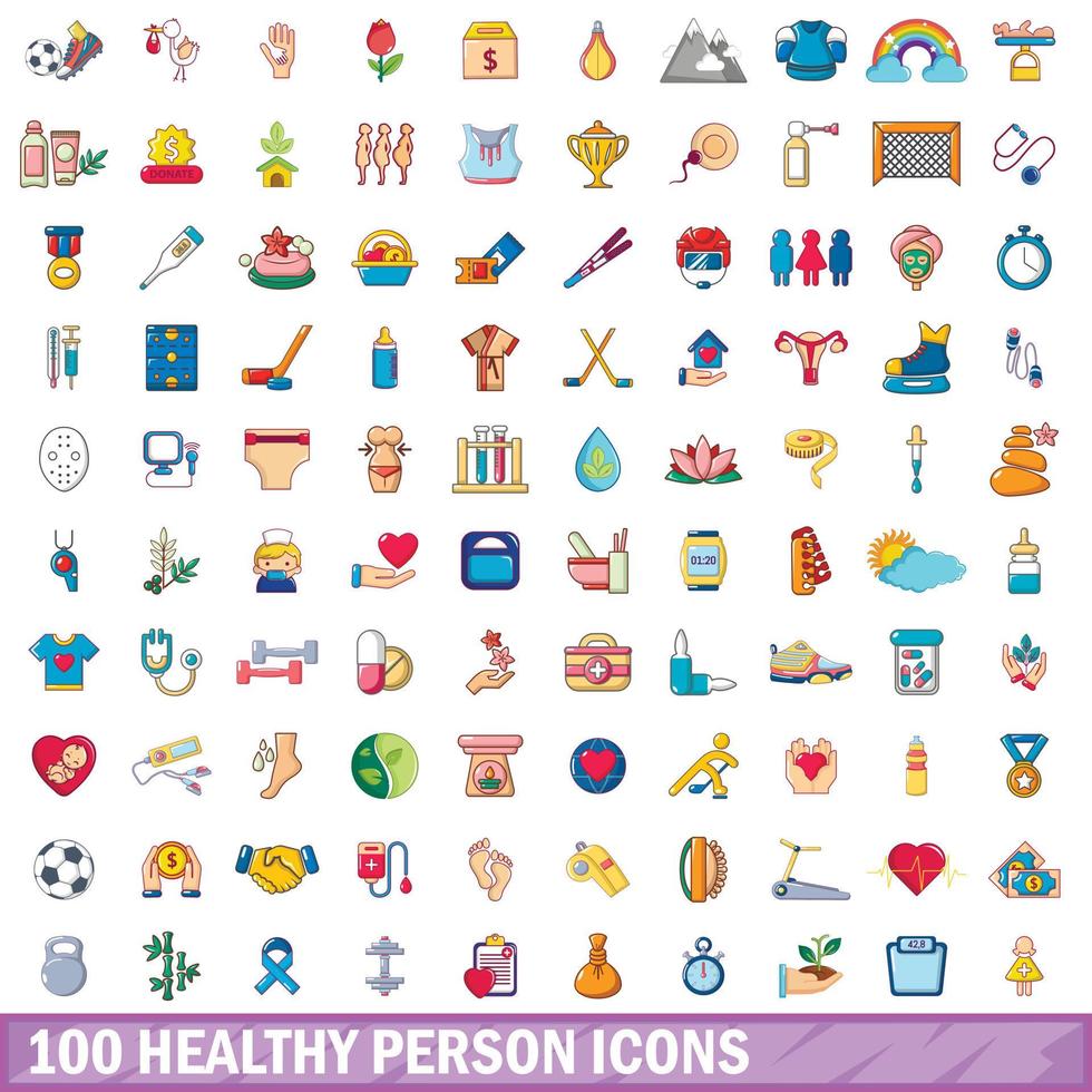 100 healthy person icons set, cartoon style vector