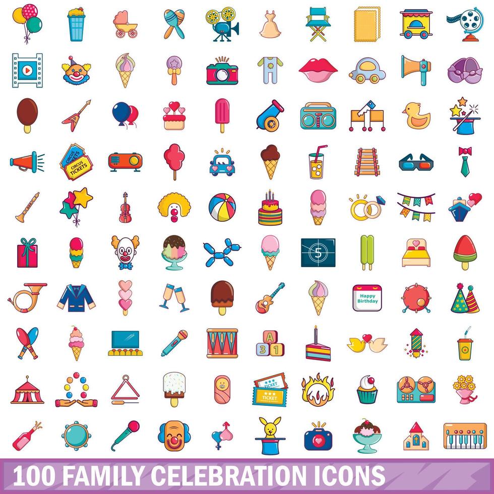 100 iconos de celebración familiar, estilo de dibujos animados vector