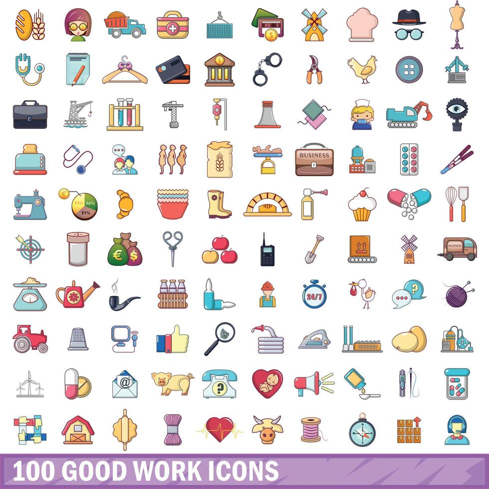 100 good work icons set, cartoon style vector