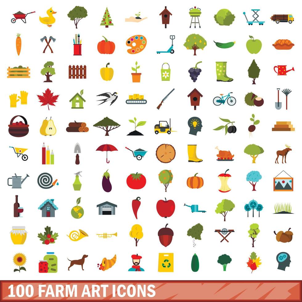 100 farm art icons set, flat style vector