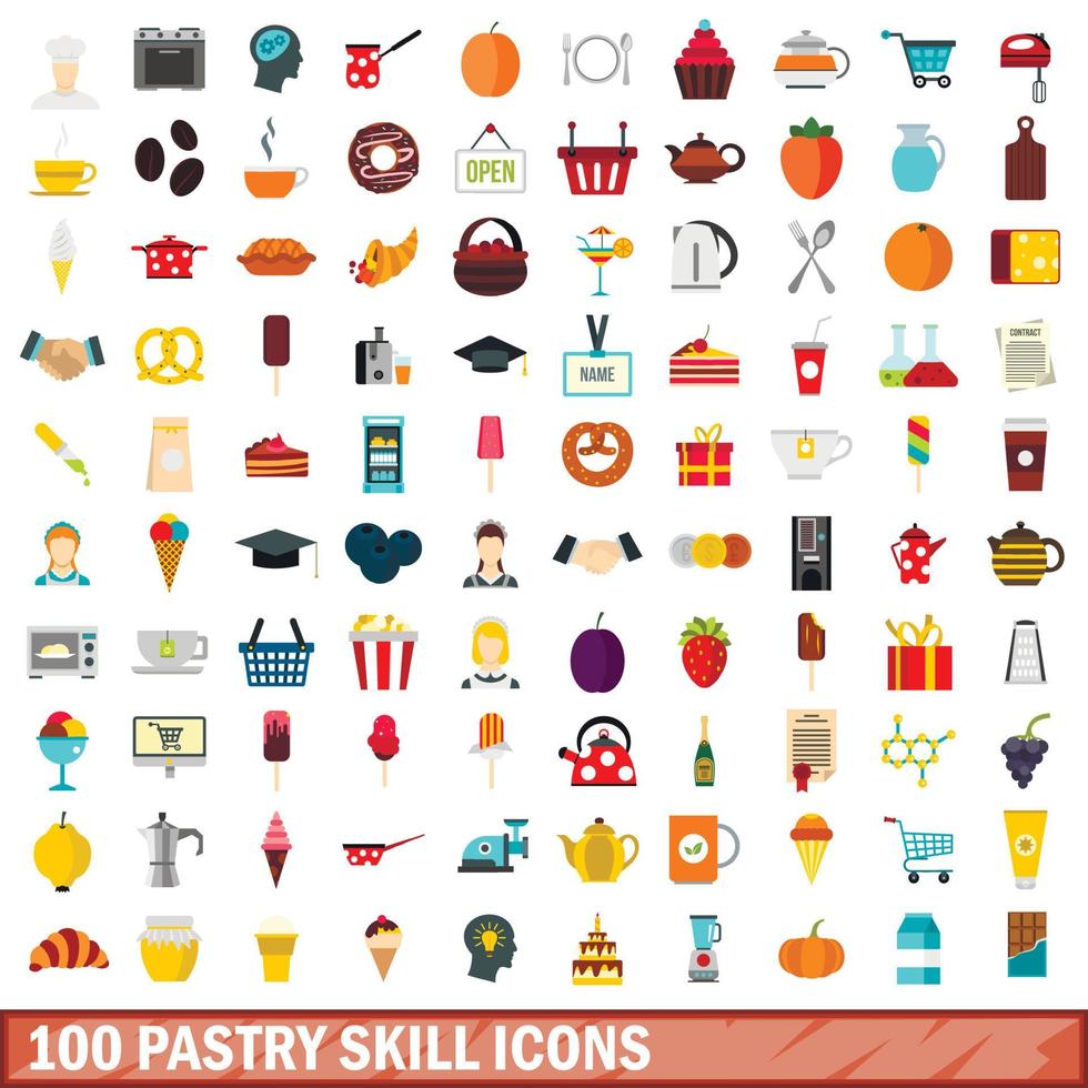 100 pastry skill icons set, flat style vector