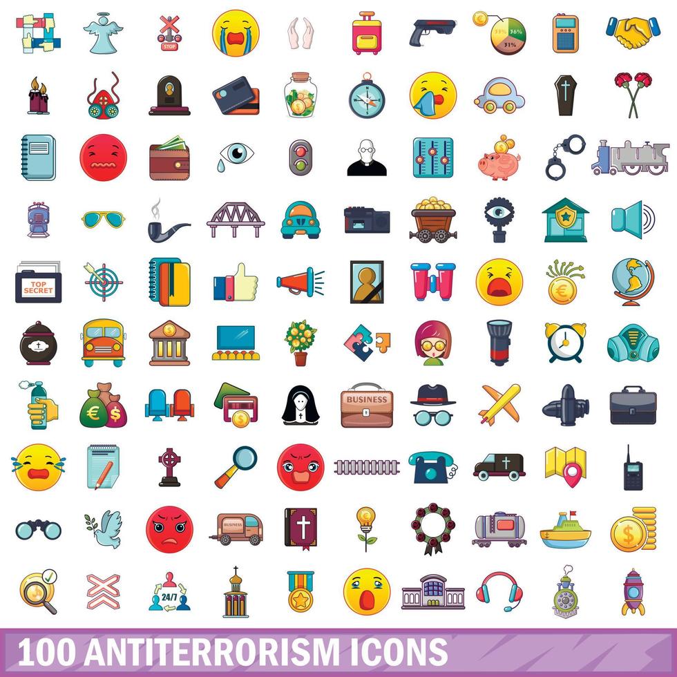 100 antiterrorism icons set, cartoon style vector
