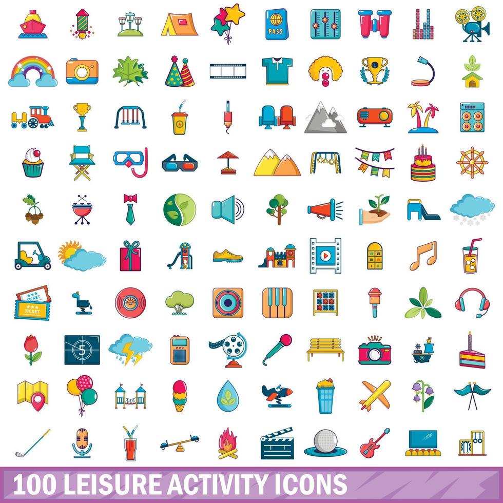 100 leisure activity icons set, cartoon style vector