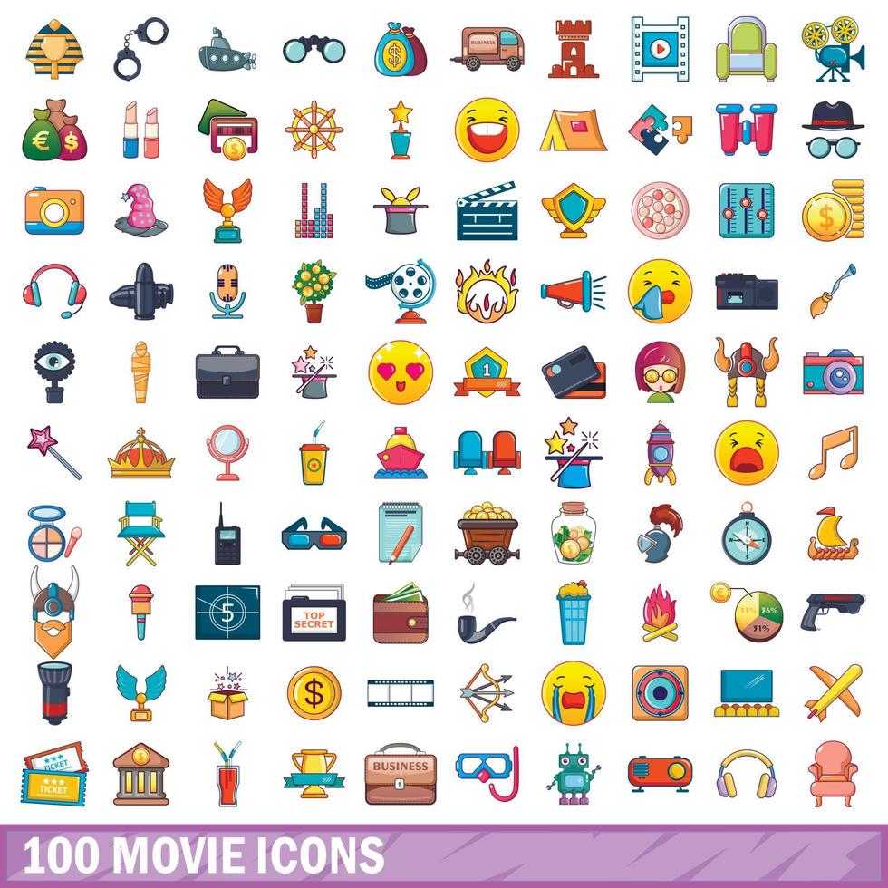 100 iconos de películas, estilo de dibujos animados vector