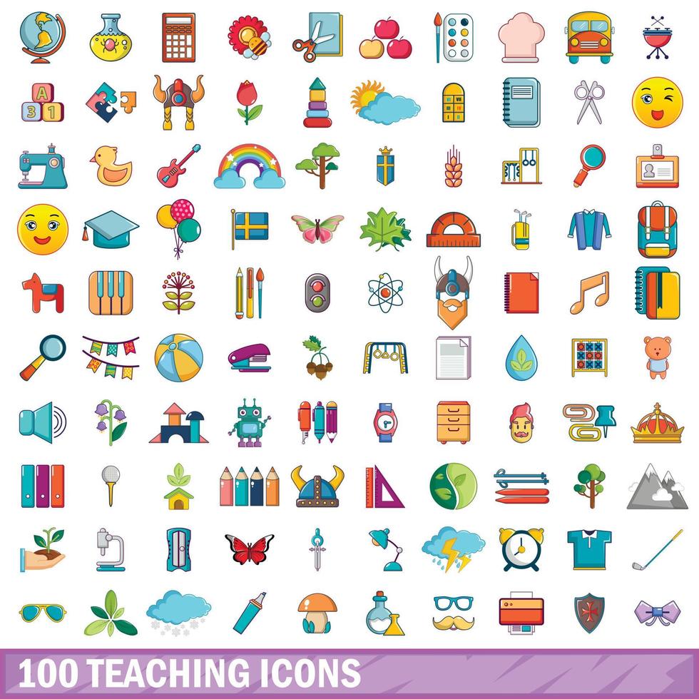 100 iconos de enseñanza, estilo de dibujos animados vector