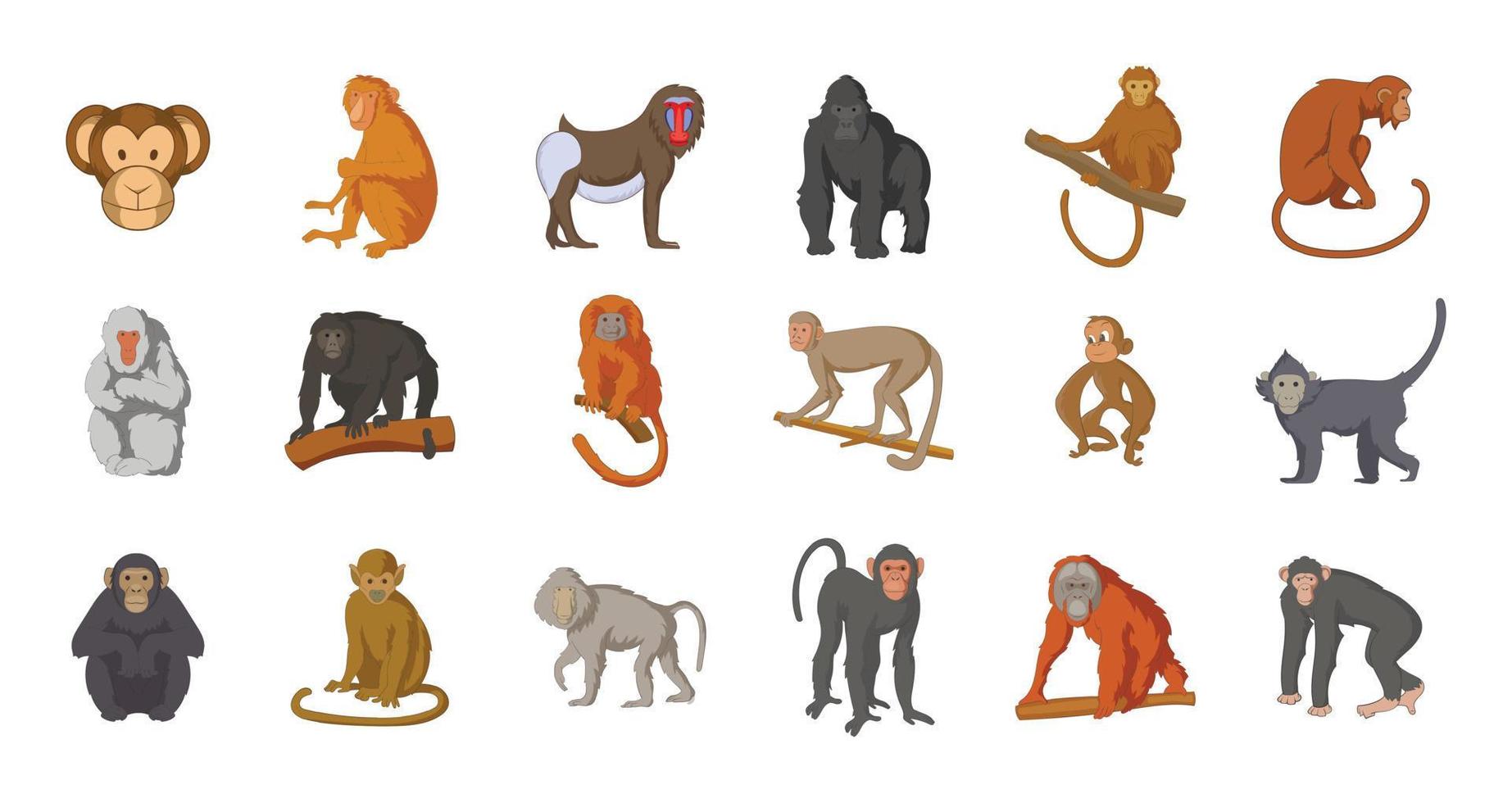 Monkey icon set, cartoon style vector
