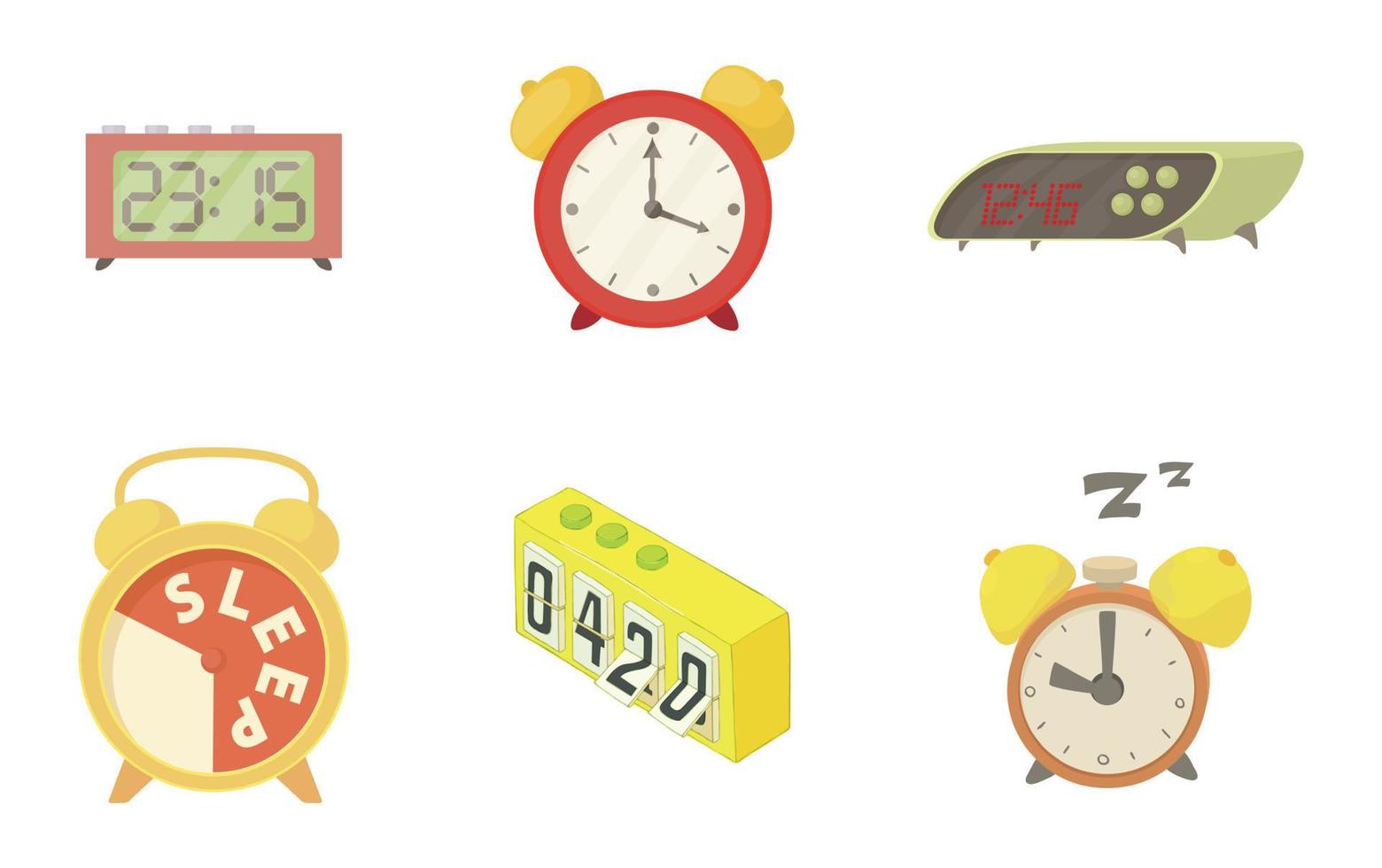 Alarm clock icon set, cartoon style vector