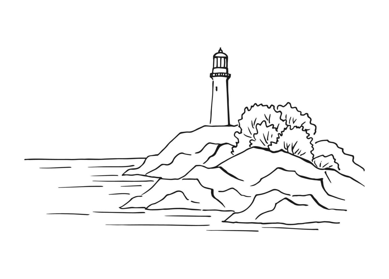 marina. faro. ilustración dibujada a mano convertida en vector. vector de ilustración de boceto de paisaje gráfico de la costa del mar.