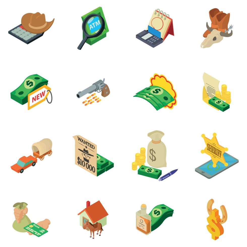 Search of money icons set, isometric style vector