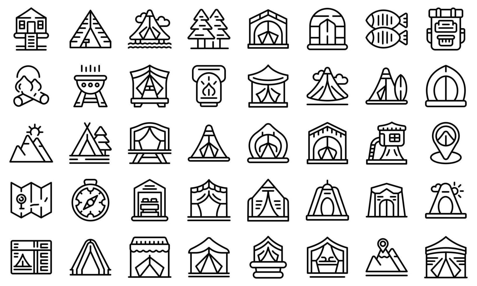 Glamping icons set outline vector. Tent adventure vector