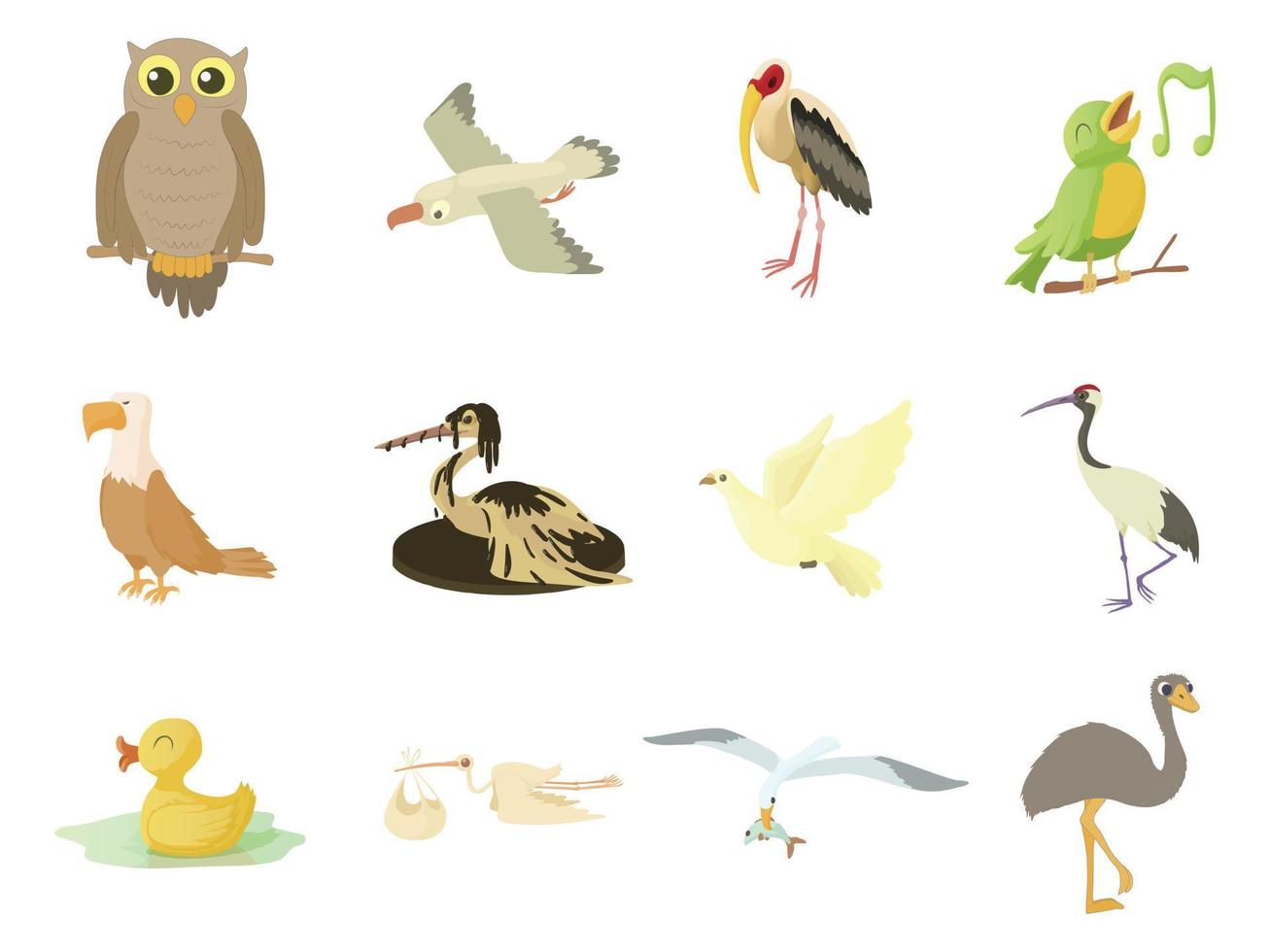 Birds icon set, cartoon style vector