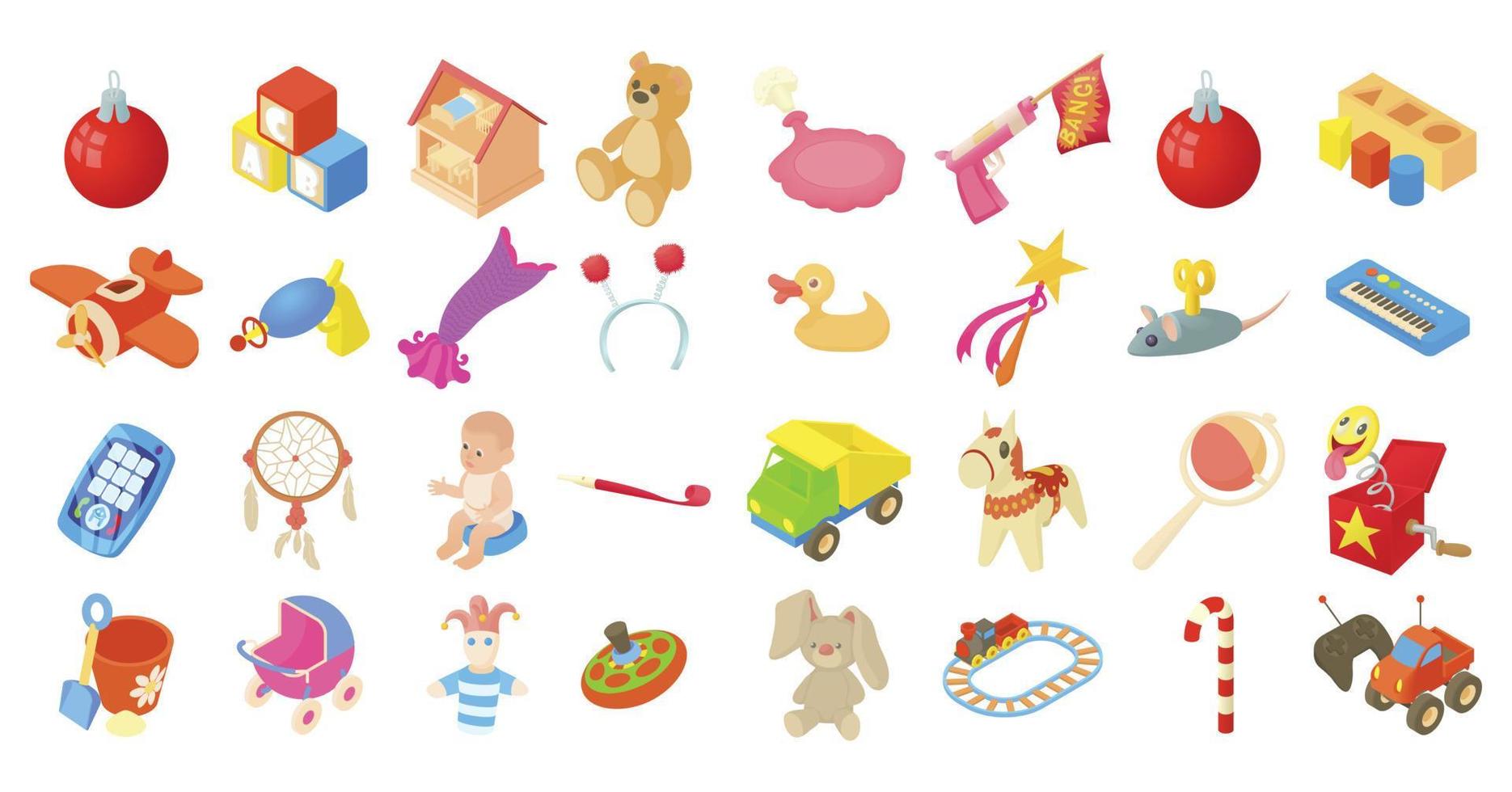 Toys icon set, cartoon style vector