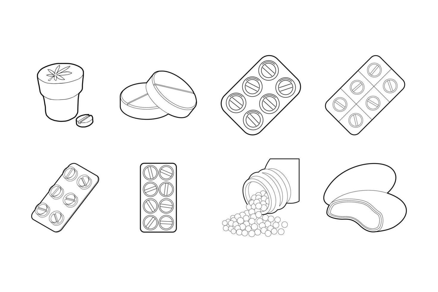 Pills icon set, outline style vector