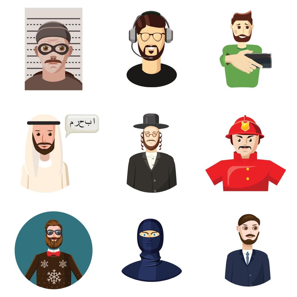 Man avatar icon set, cartoon style vector