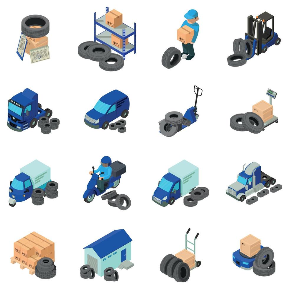 Tire warehouse icons set, isometric style vector