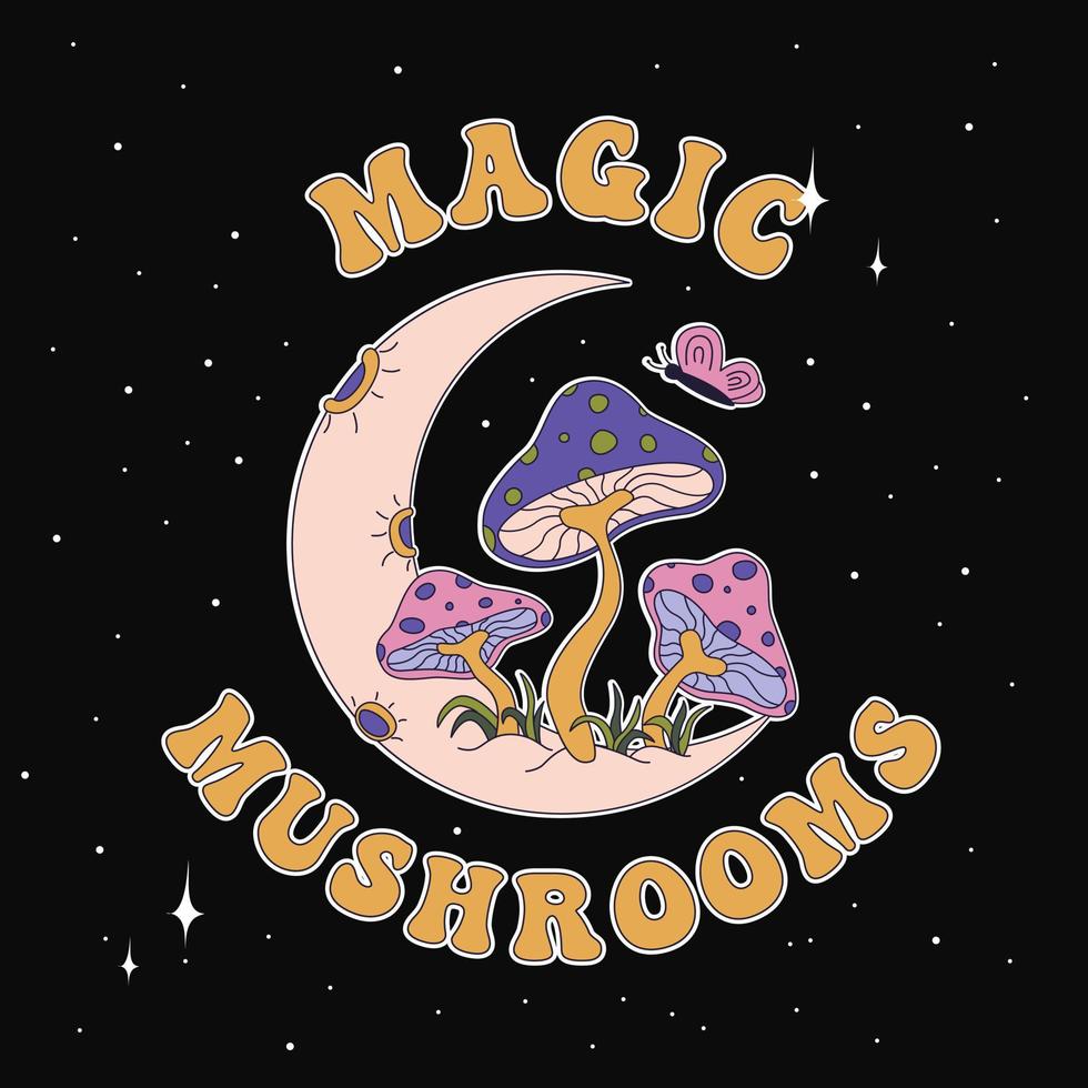 Magic Mushrooms. Hand Drawn Vector Illustration With Mushrooms On The Moon.