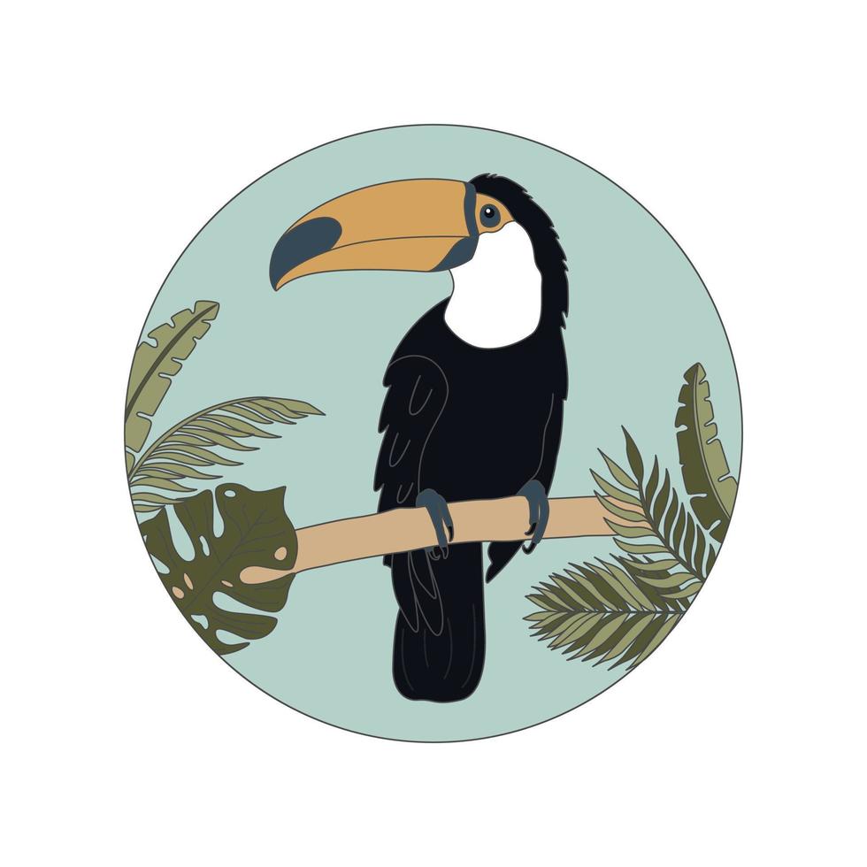 insignia con un tucán en una rama y hojas tropicales en un círculo. ilustración vectorial plana. un pájaro exótico. vector