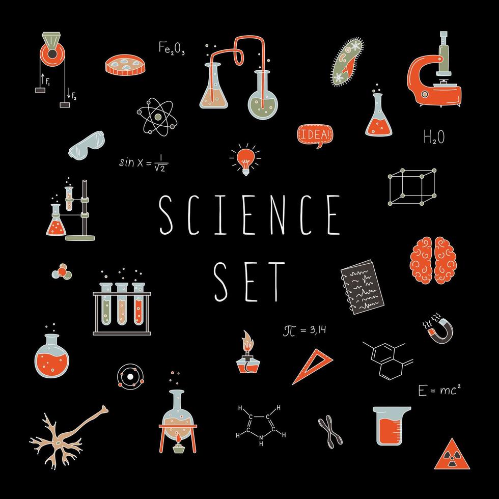 Science Set With Elements Of Science. Flasks, Mikrokop, Formulas And More. The Concept Of Physics, Chemistry, Biology. vector