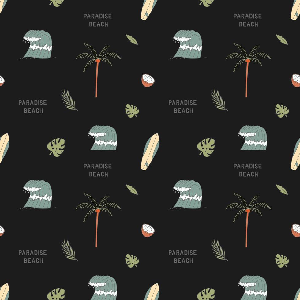 Seamless Pattern With Elements For Surfing. Palm Trees, Waves And Surf Boards In The Doodle Style. vector
