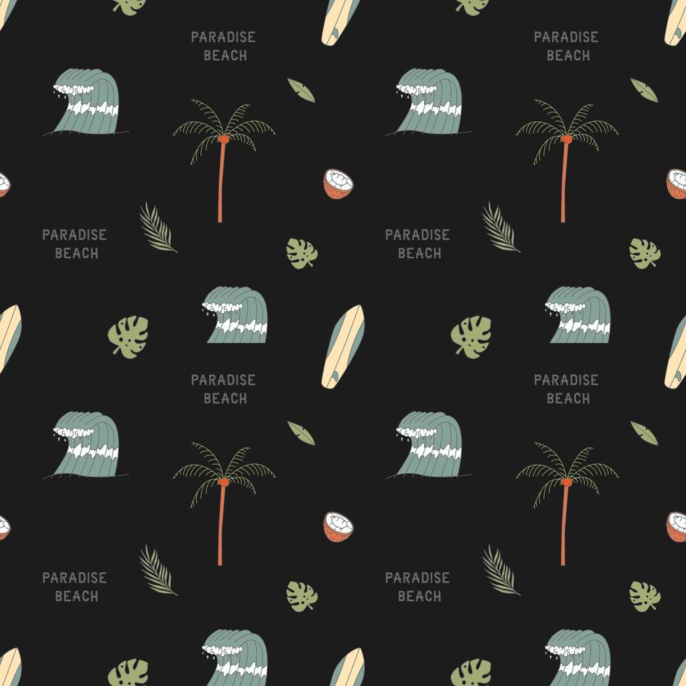 Seamless Pattern With Elements For Surfing. Palm Trees, Waves And Surf Boards In The Doodle Style. vector