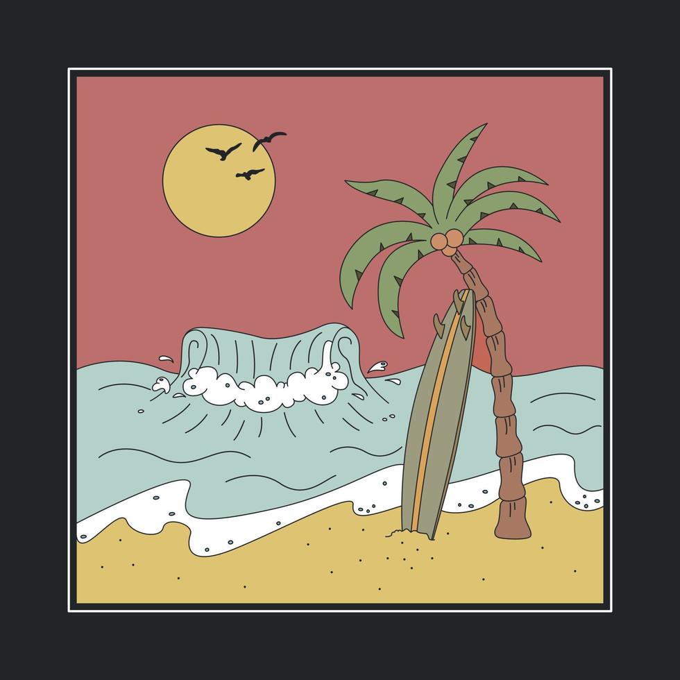 Badge With The Sea, Palm Trees And Surfboards In A Square. Flat Vector Illustration. The Concept Of Surfing.
