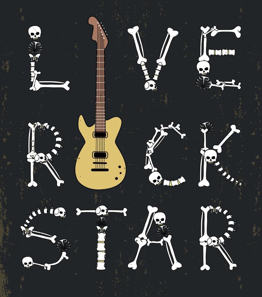 Guitar And Inscription LIVE ROCKSTAR Made Of Bones. Hand Drawn Flat Vector Illustration.