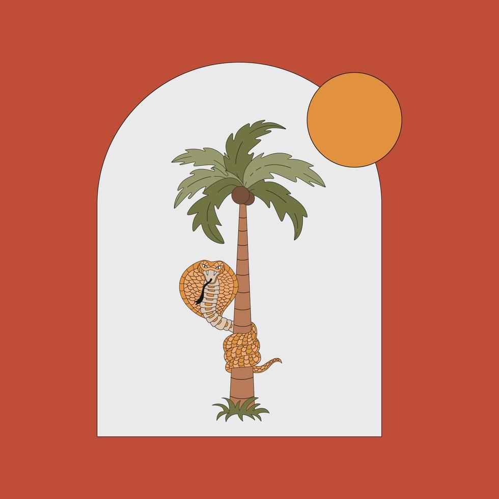 A Snake Around A Palm Tree. Flat Vector Illustration In Vintage Style.