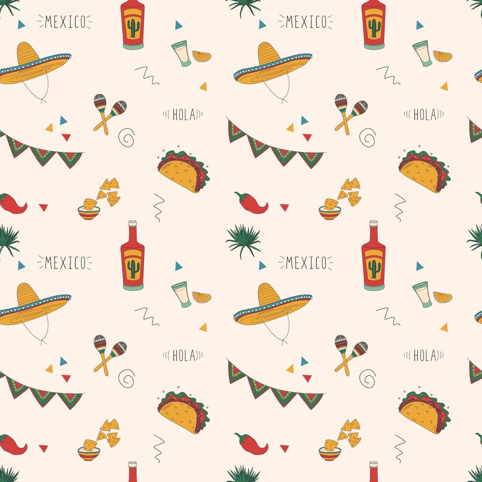 Seamless Pattern With Mexican Elements. Cactus, Skull, Hat And More. Hand Drawn Flat Vector Illustration.