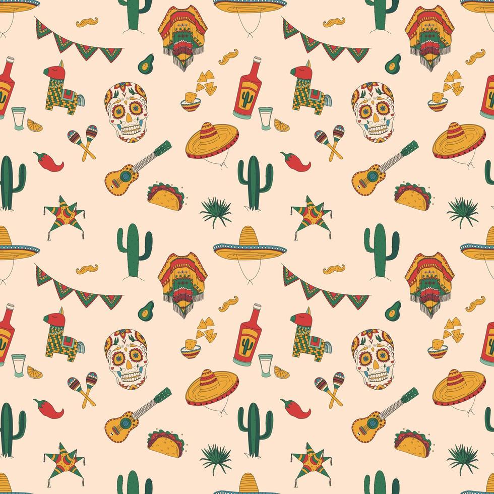 Seamless Pattern With Mexican Elements. Cactus, Skull, Hat And More. Hand Drawn Flat Vector Illustration.