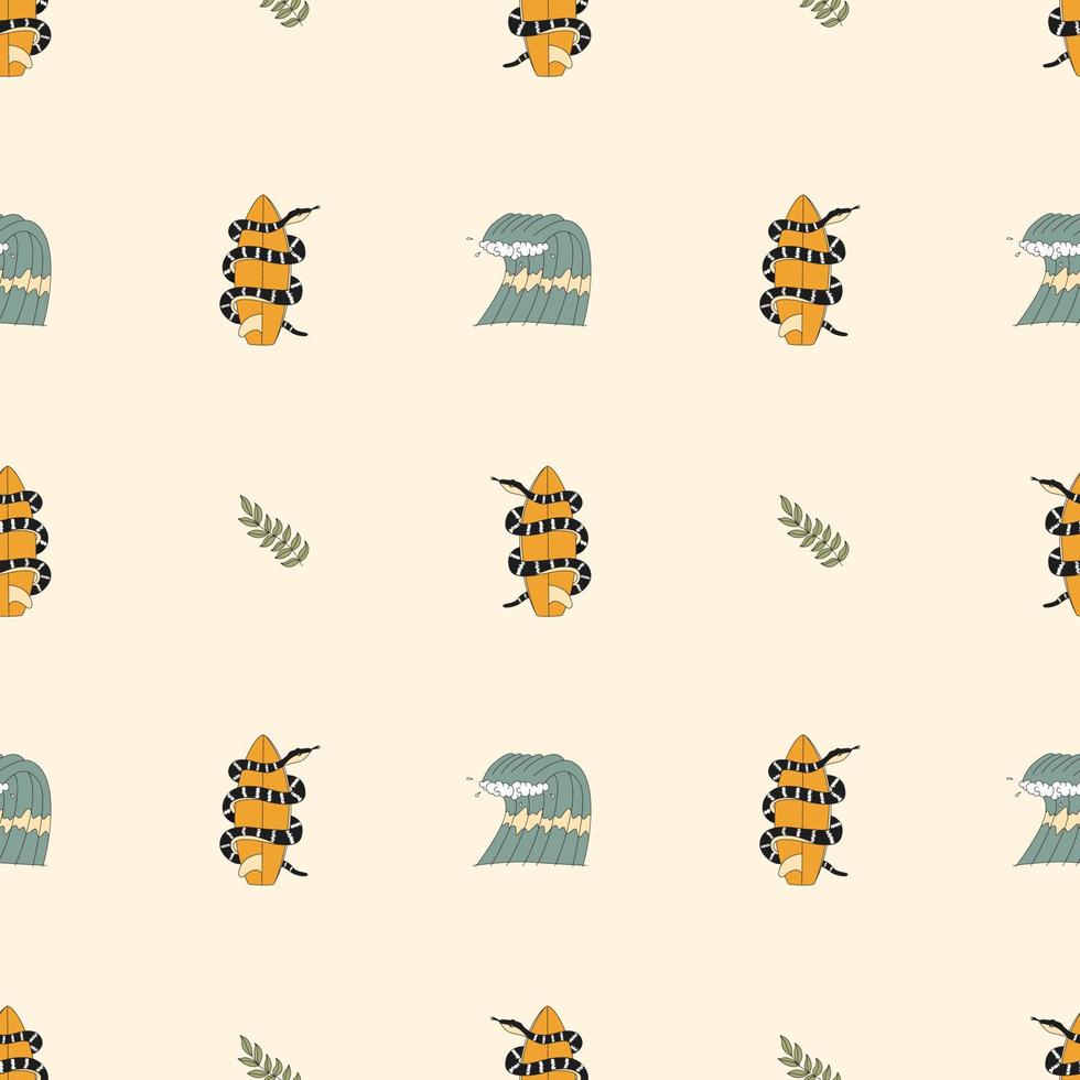 Seamless Pattern In Doodle Style. A Snake Around A Surfboard. Hand Drawn Vector. vector