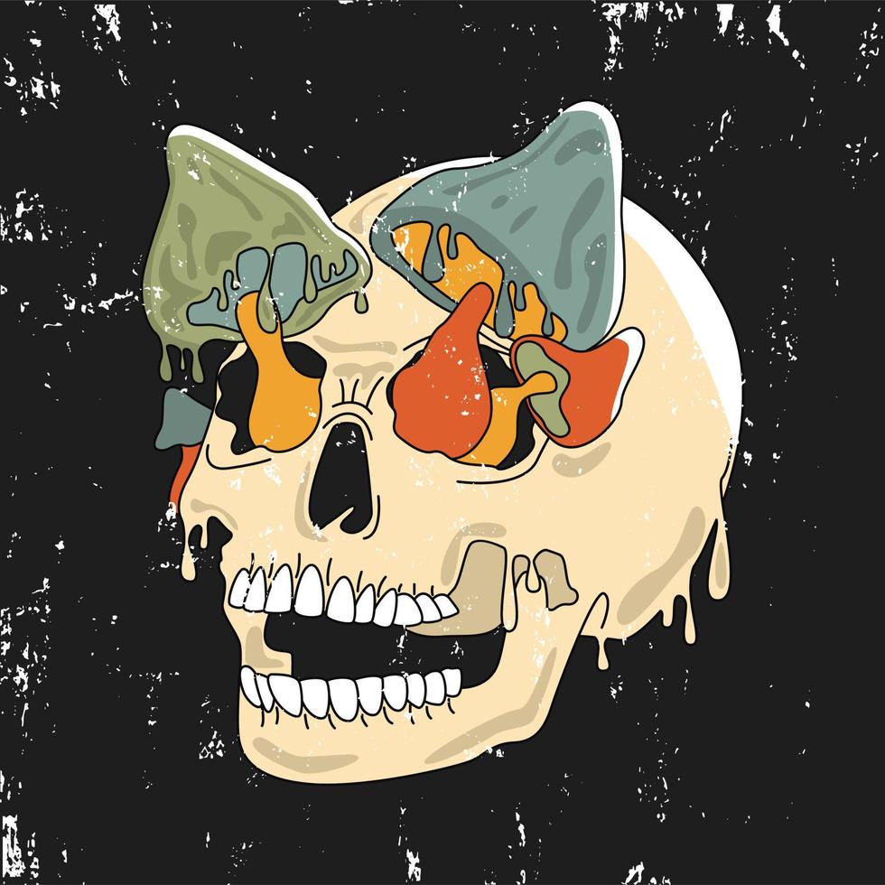 Flat Vector Illustration Of A Skull With Mushrooms From The Eye Sockets.