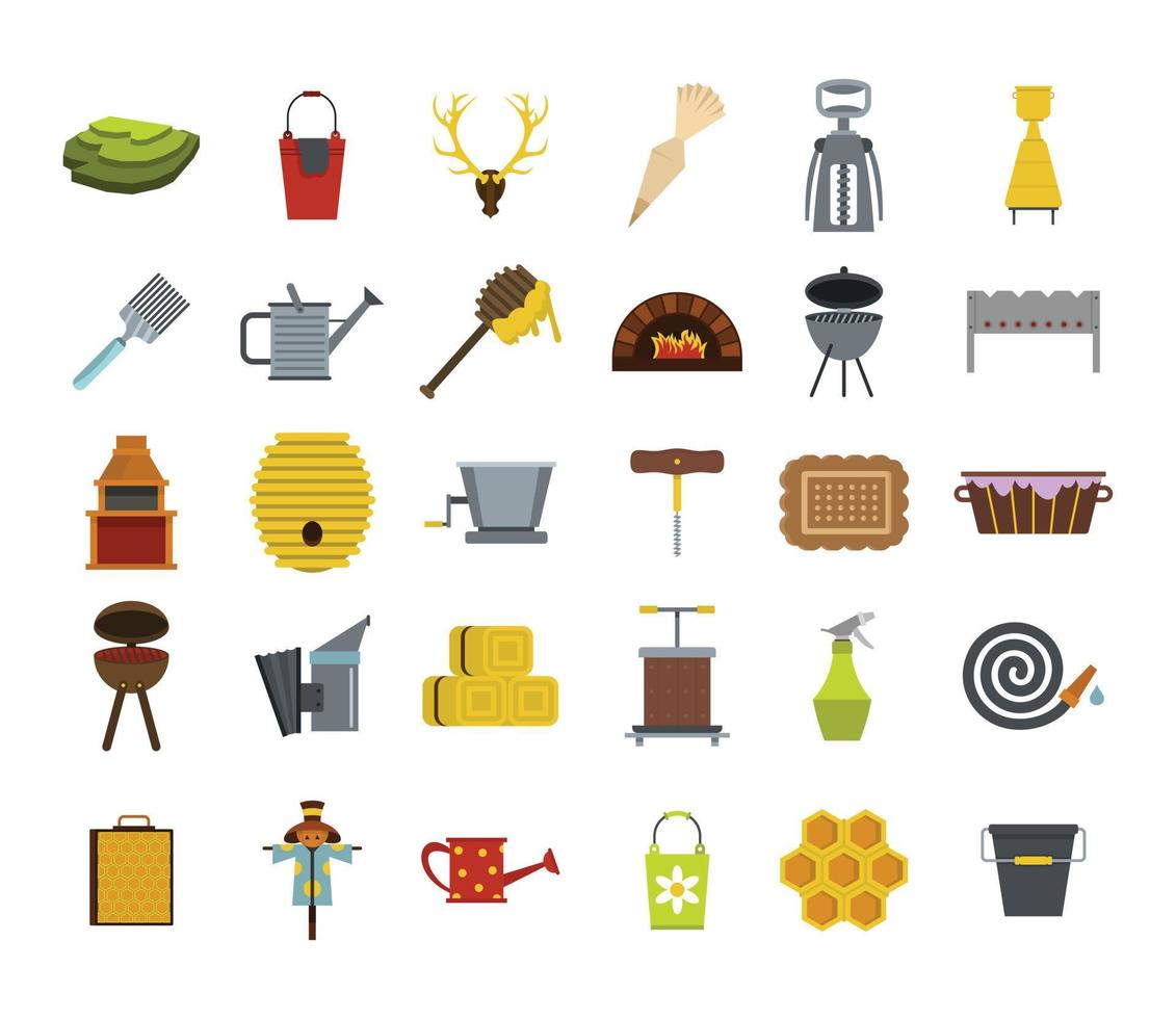 Farm elements icon set, flat style vector
