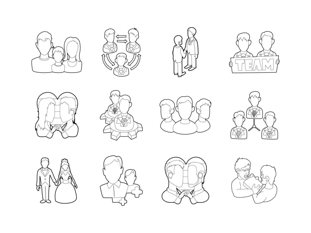 conjunto de iconos de grupo de personas, estilo de contorno vector