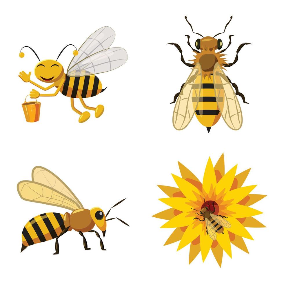 Bee icon set, cartoon style vector