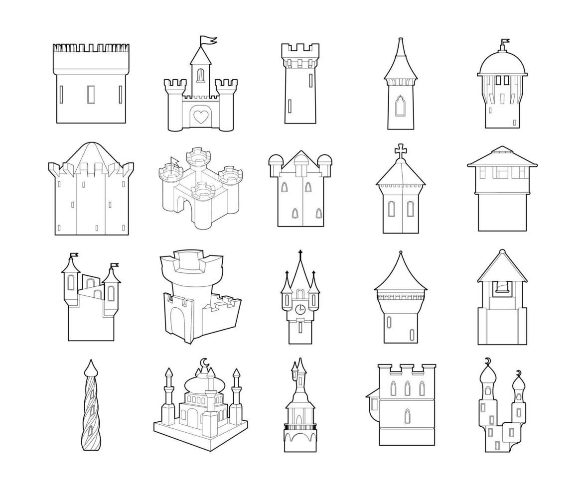 conjunto de iconos de castillo, estilo de contorno vector