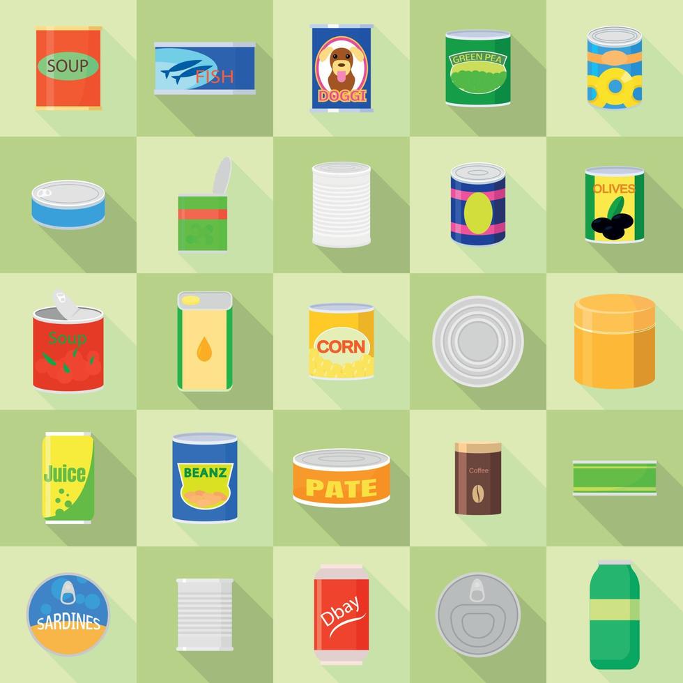 Tin can icons set, flat style vector
