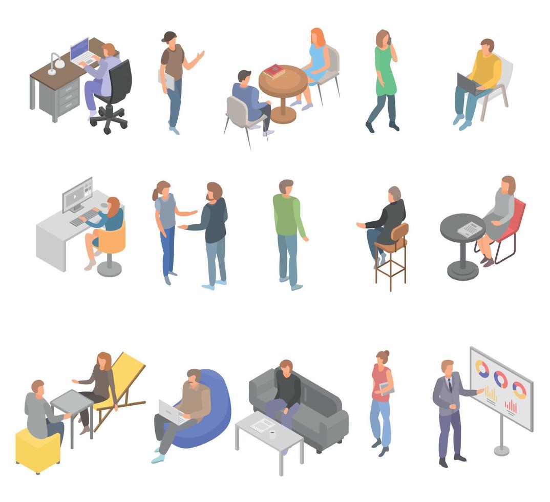 Coworking office business icons set, isometric style vector