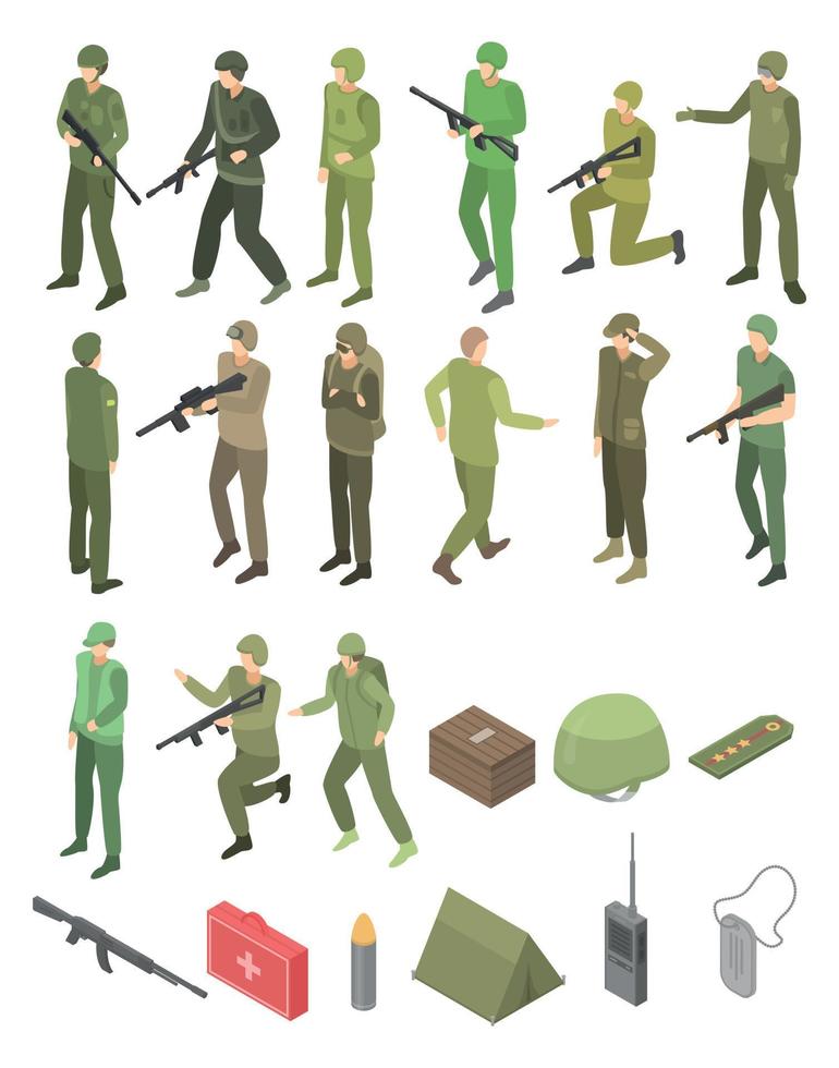 conjunto de iconos militares de soldado, estilo isométrico vector