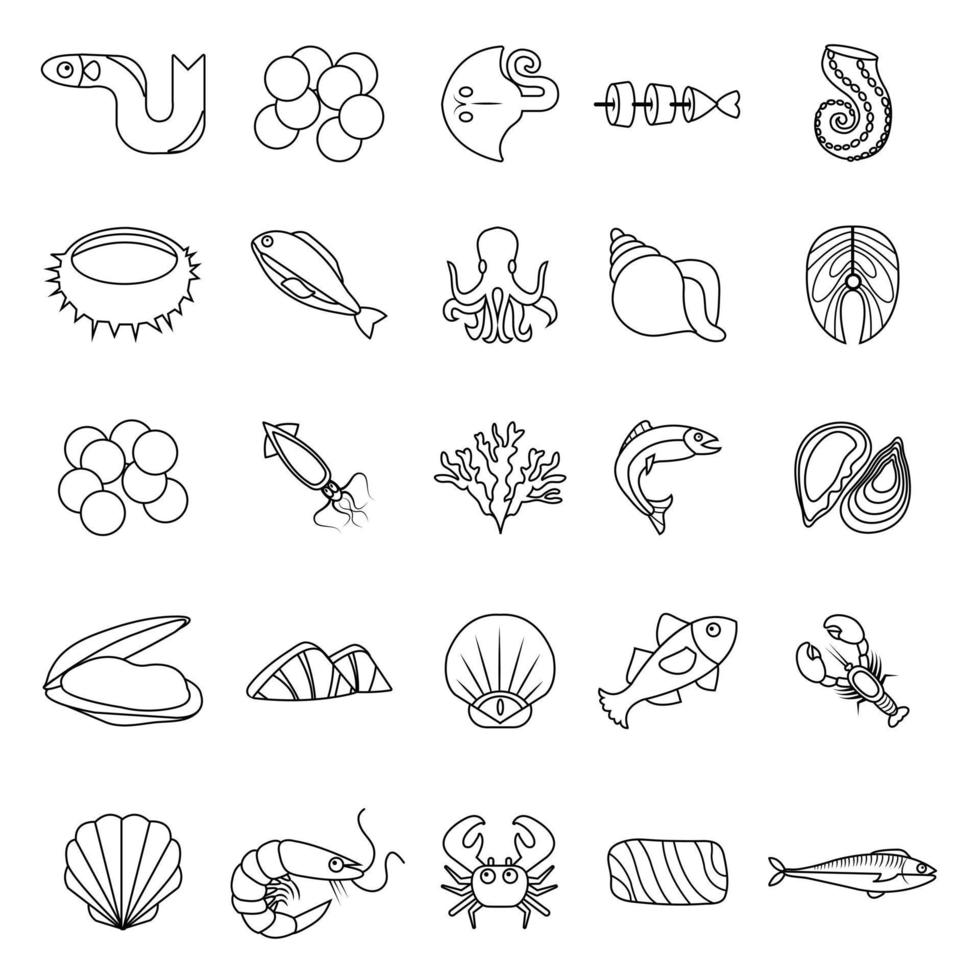 Mariscos peces océano conjunto de iconos, estilo de contorno vector