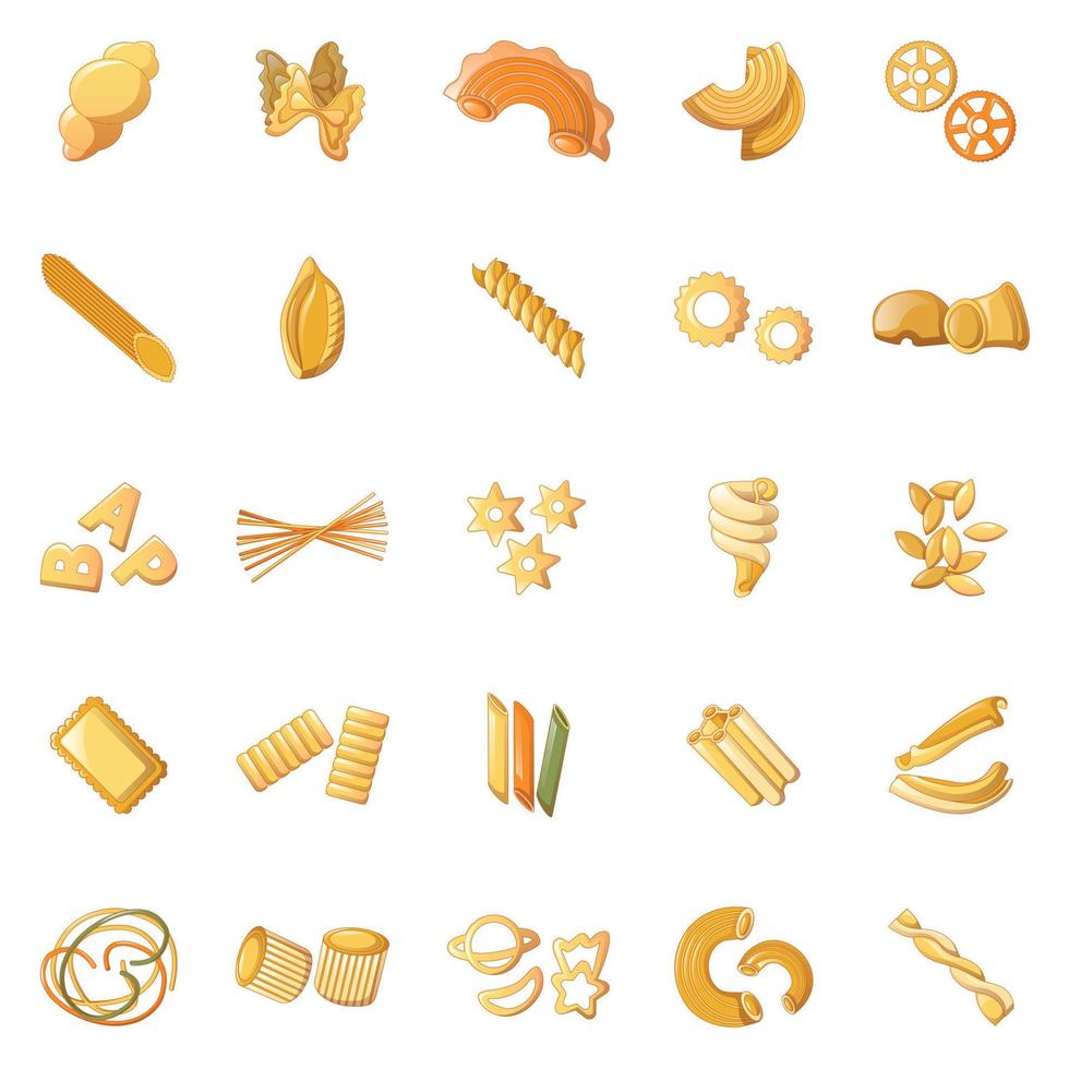 Fusilli pasta penne, conjunto de iconos de estilo de dibujos animados vector