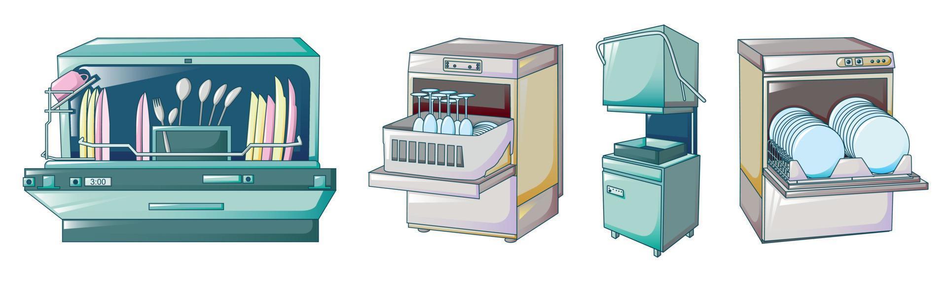 Dishwasher icons set, cartoon style vector